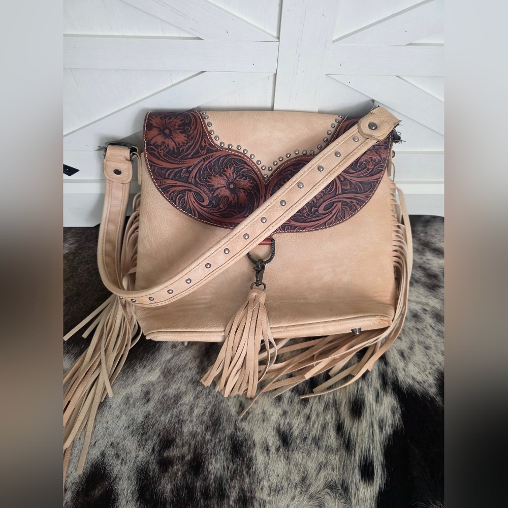 Western Tan and Brown Fringe Tooled Womens Bag Purse